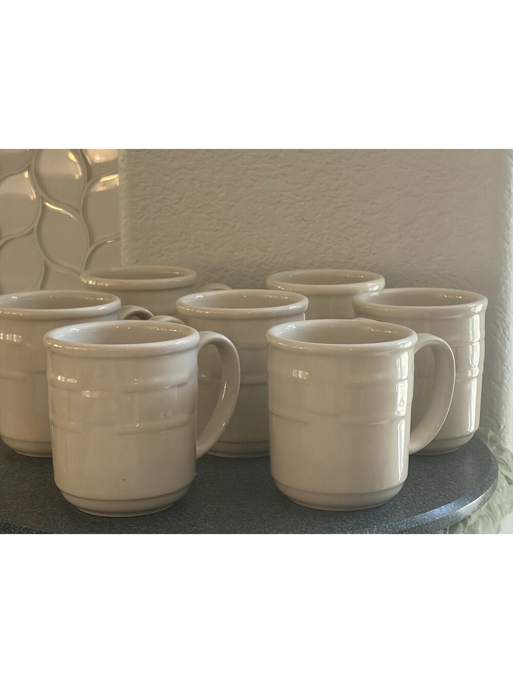 Set of 7 Longaberger Pottery Woven Traditions 12 oz Ivory Coffee Mugs EUC